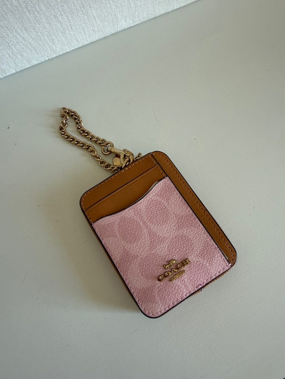 Coach Pink and Brown Cardholder with Gold Chain powder pink drop